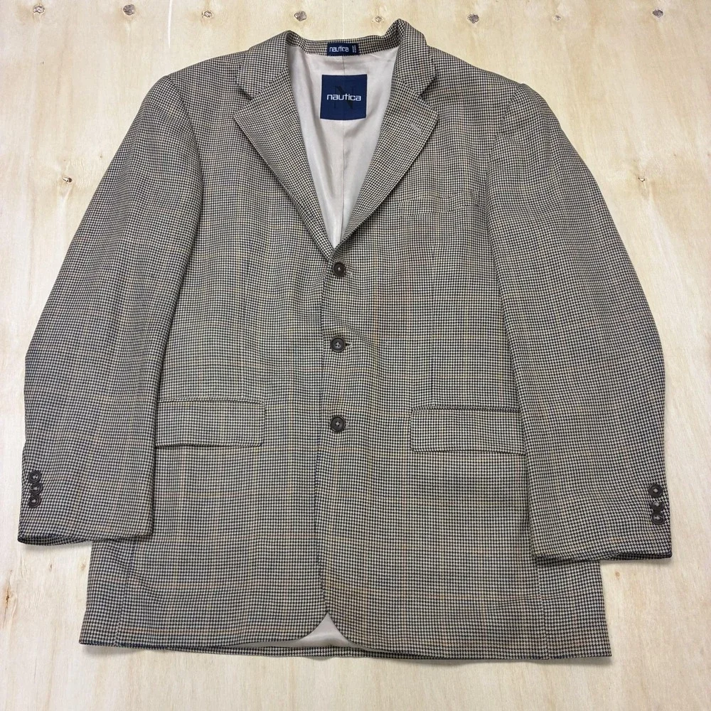 Nautica Blazer Mens 42L Brown Check Silk Wool Tweed Sport Coat Jacket Classic